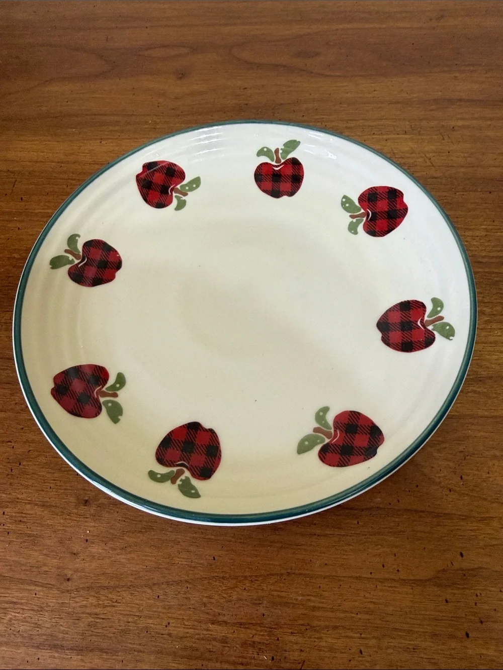 Plaid Apple Ceramic Dinner Plates with Green Trim (Set of 4)